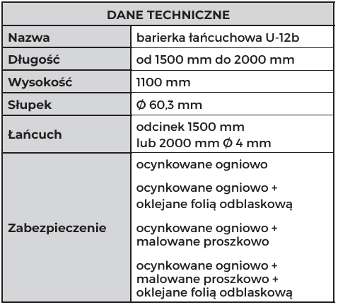 Tabela techniczna barierki łańcuchowej U-12b